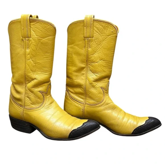 Tony Lama Vintage Yellow Western Boots with Black Toe Caps - Picture 3 of 15